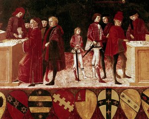 戦時と平時の国家財政の比喩。 詳細。 15世紀（木版画） 作： Benvenuto di Giovanni