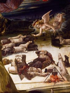天使と羊飼い、ベンヴェヌート・ディ・ジョヴァンニ（1436-1518年頃）作、木に描かれた「キリスト降誕」の祭壇画の細部。 作： Benvenuto di Giovanni
