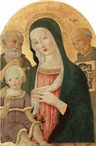 聖ジェロームとシエナの聖ベルナルディノと一緒のマドンナと子供、c。 14801485。 作： Benvenuto di Giovanni