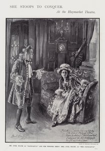 オリバー・ゴールドスミスの喜劇「She Stoops to Conquer」がロンドンのヘイマーケット劇場で上演されたときの様子（リトグラフ 作： Bernard (after) Partridge