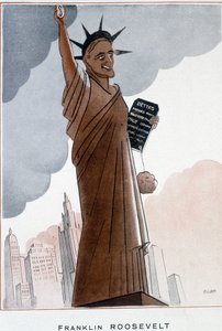 自由の女神」のフランクリン・ルーズベルトによる漫画 - バーナード・ベカン（ベルンハルト・カーン）（1890-1943）によるイラスト（1932年12月1日付「ファンタジオ」にて 作： Bernard Becan