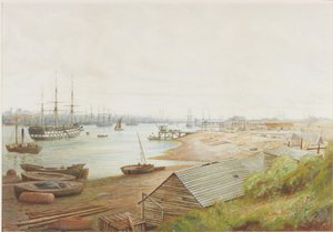 数々の器（紙に鉛筆、水彩、ボディカラー）がある忙しい川のシーン 作： Bernard Benedict Hemy