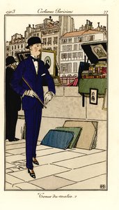 Man in suit, bowler hat and cane walking past bouquinistes on the Seine. Tenue du matin. Handcoloured pochoir (stencil) etching after an illustration by Bernard Boutet de Monvel from Tommaso Antongini’s Journal des Dames et des Modes, Aux Bureaux du Journa