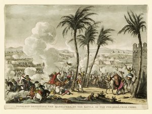 ジョージクルークシャンク（1769-1823）によって彫刻された、カイロ近くのピラミッドの戦いでマメルークを倒したナポレオン。 1823（手塗りの彫刻） 作： Bernard Edouard Swebach