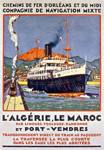 1900年頃、フランスからリモージュ・トゥールーズ・ナルボンヌ・ポルトヴァンドル経由でアルジェリアとモロッコへ向かうフランス鉄道の広告ポスター。 作： Bernard Lachevre