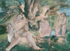 木の下で水浴びをする3人の女性と子供（紙に水彩とインク） 作： Bernard Meninsky