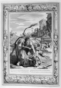 雄牛の形をした無人はヘラクレスによって1733年に打ち負かされた 作： Bernard Picart