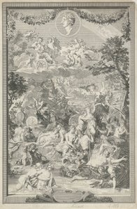 Ovid と彼の肖像画の変容からのさまざまなシーンを含む寓話的なタイトル ページ 作： Bernard Picart