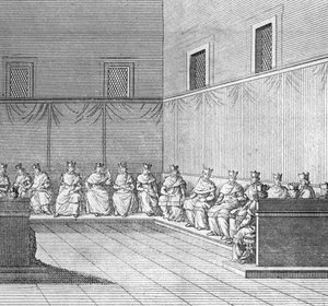 Different stages of the conclave, meeting of cardinals for election of a new pope: first congregation of the cardinals" (Election of the new pope during the conclave in the Sistine (Sistina) chapel, Vatican: first congregation of cardinals) Engravi 作： Bernard Picart