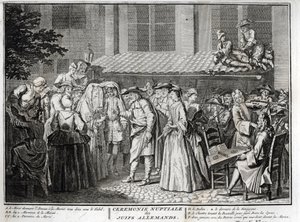 ユダヤ系ドイツ人コミュニティでのユダヤ式結婚式 ベルナール・ピカール（1723-1743）の「Illustration de ceremonies et customs religieuses de les peuples du monde」（1819年）からのエングレーヴィング 個人蔵 作： Bernard Picart