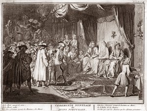 ポルトガルのユダヤ人コミュニティにおけるユダヤ人の結婚式 ベルナール・ピカール（1723-1743）の「世界の諸民族の宗教的儀式と習慣の図解」からのエングレーヴィング 1819年 個人蔵 作： Bernard Picart