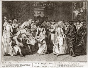 ユダヤ教：ポルトガルのユダヤ人コミュニティにおける割礼の儀式 ベルナール・ピカール（1723-1743）の「世界の諸民族の宗教的儀式と習慣の図解」からのエングレーヴィング 1819年 個人蔵 作： Bernard Picart