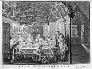 ユダヤ教：ユダヤ人のためのスッコト（幕屋の祭り）の食事 ベルナール・ピカール（1723年〜1743年）の「世界の各民族の宗教的儀式と習慣の図解」からの版画 1819年 個人蔵 作： Bernard Picart
