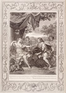 Meleagerが1731年にアタランタにイノシシの頭を提示 作： Bernard Picart