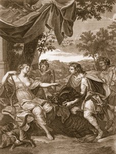 Meleagerが1731年にアタランタにイノシシの頭を提示 作： Bernard Picart