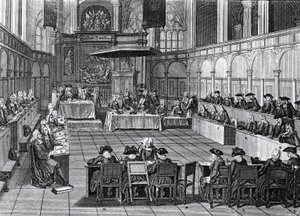 1730年にオランダ・アムステルダムのNieuwe Kerk（新教会）で開催されたプロテスタント・シノドス、ベルナール・ピカール（1673-1733）のエングレーヴィング。 作： Bernard Picart