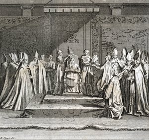 教皇職の厳粛な就任式 "Representation du coronation du pope" （教皇就任式：教皇の戴冠式） ベルナール・ピカール（1723-1743）の「世界のあらゆる民族の儀式と宗教的習慣の図解」からのエングレービング 作： Bernard Picart