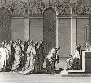 厳粛な教皇就任式。"The Adoration of the Pope in the Sistine Chapel" （教皇就任式：システィーナ礼拝堂での教皇の礼拝） "Illustration of Ceremonies and Religious Custom of All Peoples of the World "からのエングレーヴィング。 作： Bernard Picart
