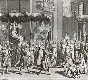 ベルナール・ピカール（1723年～1743年）による「世界の諸民族の儀式と宗教的慣習の図解」からのエングレーヴィング（1819年 個人蔵 作： Bernard Picart
