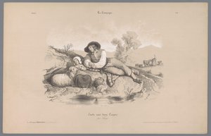 プールサイドで女の子と羊飼い 田舎暮らしの表象（連載タイトル） ラ・カンパーニュ。 Études variés aux deux Crayons (オブジェクトのシリーズ タイトル) 作： Bernard Romain Julien
