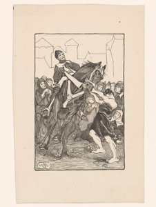 男はにぎやかな広場で野生の馬を保持します 作： Bernard Willem Wierink