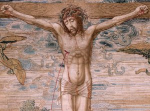 フランダースのタペストリー。 シリーズ カール 5 世の台座 (オーストリアのマーガレットのバルダキン)。 慈悲のキリスト (Cristo de la Misericordia)。 台座裏のタペストリーパネル。 モデル バーナード・ファン・オーリー (1491-1542)。 ブリュッセルのピーター・デ・パンネメーカーのマニュファクチュール。 1518-1524。 ファブリック G 作： Bernard van Orley