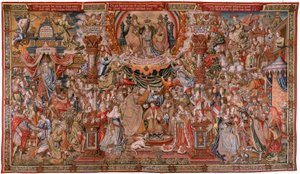 フランダースのタペストリー。 シリーズ The Honors; 貴族（ラ・ノブレザ）。 シリーズ4作目のタペストリー。 Bernard van Orley と Jan Gossaert (Mabuse) のサークルのモデル漫画家。 ブリュッセルのピーター・ファン・アールストのマニュファクチュール。 Ca 1550. ファブリック ゴールド、シルバー、シルク、ウー