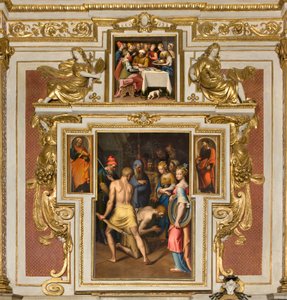 人々の聖母の礼拝堂、第2スパン北側、ベルナルディーノ・カンピ「洗礼者の断罪」1569年、側面の聖ペテロと聖パウロ1520-30年、ベルナルディーノ・カンピ「ヘロデの宴」1569年 作： Bernardino Campi