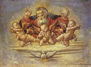 3人の天使を持つ父なる神を描いた祭壇画の一部、1500年頃（木のテンペラ）