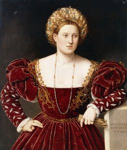 七分丈の婦人の肖像、ブルゾンのドレスに袖を切り、手袋をはめて 作： Bernardino Licinio