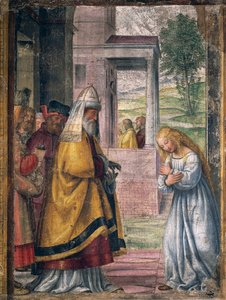 神殿で別れを告げるマリア」ベルナルディーノ・ルイーニ（1480-1532）のフレスコ画（ミラノのサンタ・マリア・デッラ・パーチェ教会の聖ヨセフ礼拝堂より）。 作： Bernardino Luini