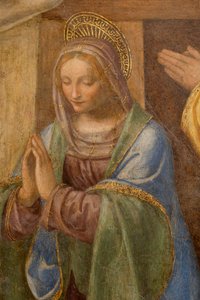 羊飼いの降誕と崇拝、c。 1520-1525。 詳細（パネルに油彩） 作： Bernardino Luini