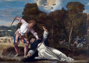 ヴェローナの聖ペテロの死 - ベルナルディーノ・ダ・アソラ作の絵画 (1525-1550年活動)、キャンバスに油彩 (102x144.8 cm)、1540年頃 - (聖ペテロ殉教者の死、ベルナルディーノ・ダ・アソラ作 作： Bernardino da Asola