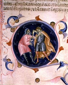 ヴァロワのチャールズ5世の聖書からの2人の男性の口論のミニチュア（ベラム） 作： Bernardino da Modena