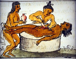 人間の生け贄：アステカ人の儀式的な犠牲。ベルナルディーノ・デ・サハグンの手稿より 作： Bernardino de Sahagun