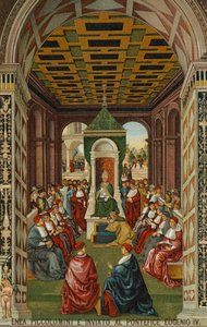 エネア・ピッコロミーニ、教皇ウジェーヌ4世の前で 作： Bernardino di Betto (after) Pinturicchio
