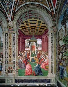 Aeneas Sylvius Piccolomini (1405-64) は教皇エウゲニウス 4 世 (1383-1447) に服従する行為を行う 2 月 7 日 作： Bernardino di Betto Pinturicchio