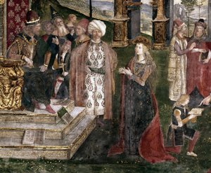 ローマ皇帝マクセンティウスの前で哲学者とアレクサンドリアの聖カタリナの紛争の詳細