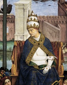 イタリア、シエナ、大聖堂、ピッコロミニ図書館、十字軍を急ぐためにアンコーナに到着したピウス2世、「Stories of Pius II」の細部 作： Bernardino di Betto Pinturicchio