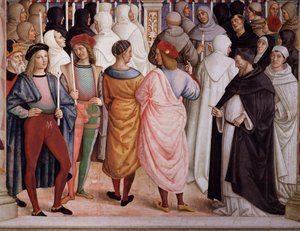 ピウス2世は1461年にシエナの聖カタリナを列福しました。詳細 - フレスコ画 作： Bernardino di Betto Pinturicchio