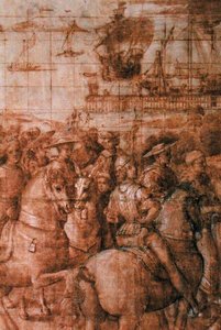 「Aeneas Sylvius Piccolomini (1405-64) Journeys to the Council of Basel」の準備漫画 (紙にペンとインク) (詳細) 作： Bernardino di Betto Pinturicchio