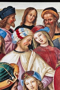 ピッコロミニ図書館、北東の壁: 「1435 年冬、スコットランド王ジェームズ 1 世の前でアエネアス シルビウスが演説を行う」 作： Bernardino di Betto Pinturicchio