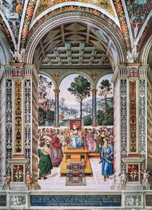 ピッコロミニ図書館、北東の壁: 「1435 年冬、スコットランド王ジェームズ 1 世の前でアエネアス シルビウスが演説を行う」