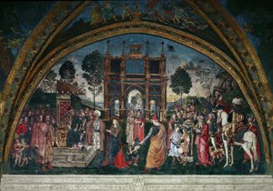 アレクサンドリアの聖カタリナと哲学者との論争、ローマ皇帝マクセンティウスの前で（油彩・カンヴァス） 作： Bernardino di Betto Pinturicchio