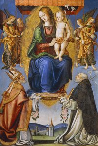 聖セヴェリーノとドミニクのいる聖母子像（テンペラ、キャンバス 作： Bernardino di Mariotto
