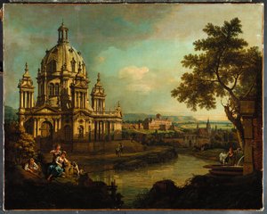 ドーム型の教会とピルナの建物があるカプリッチョ、1765年頃 作： Bernardo Bellotto