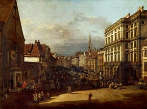 カナレット（1721-1780）として知られるベルナルド・ベロット作、ウィーンの小麦粉市場広場、キャンバスに油彩 作： Bernardo Bellotto