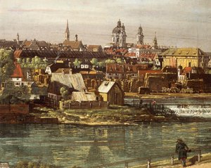 中央にイザール川があるハイトハウゼンからのミュンヘンの眺め、詳細 作： Bernardo Bellotto