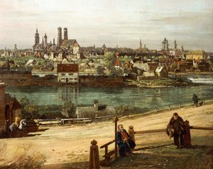 中央にイザール川があるハイトハウゼンからのミュンヘンの眺め、詳細 作： Bernardo Bellotto