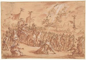 聖なる司教がローマ皇帝の行列のそばにひざまずく 作： Bernardo Castello (attributed to)